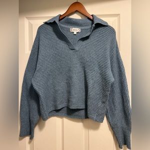 Pink Rose,  size S, V-neck collared sweater, teal/grey color, cropped